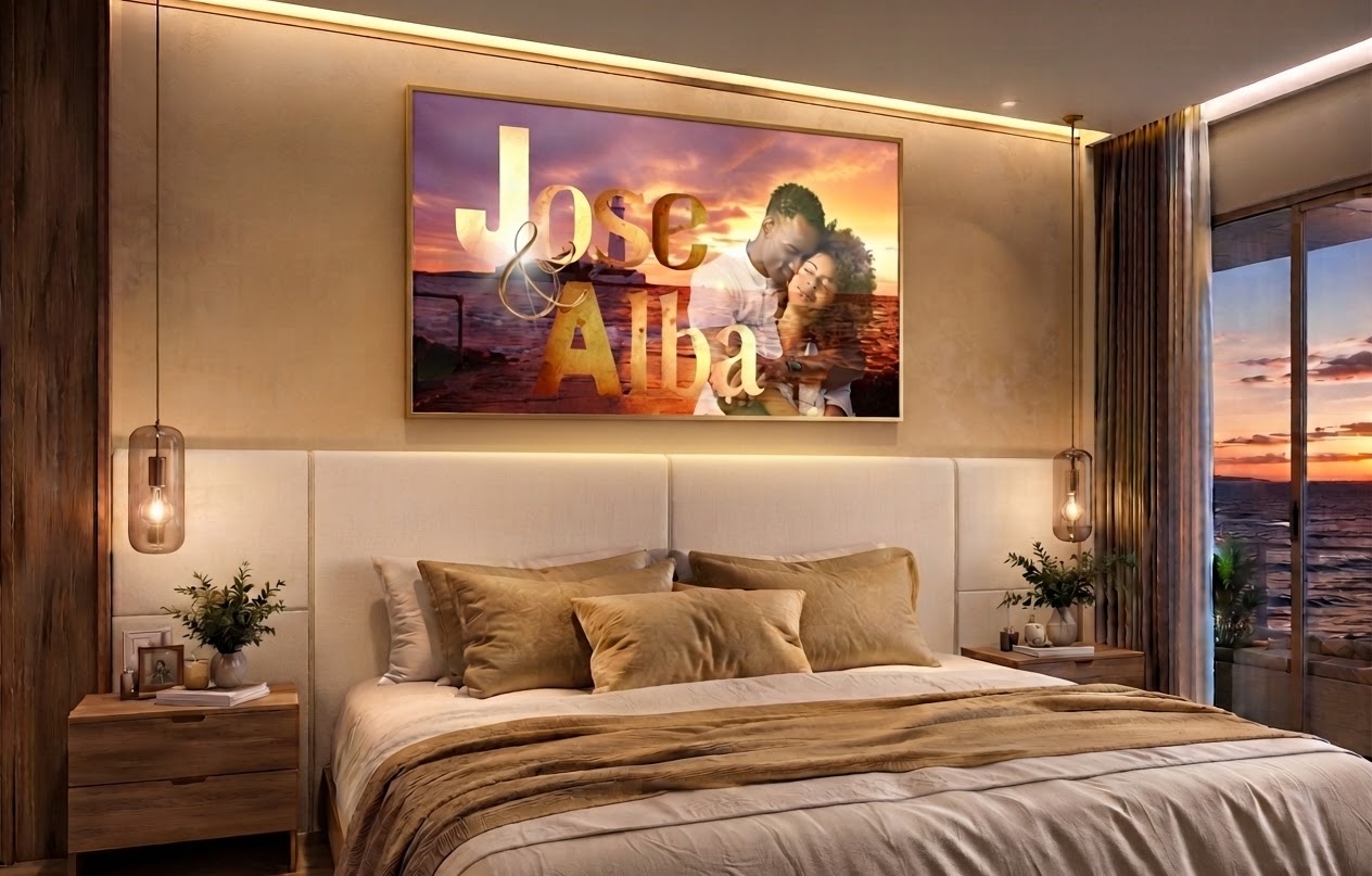 Canvas of Jose and Alba in their bedroom
